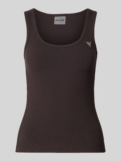 Produktfoto, Tanktop in Ripp-Optik mit Label-Applikation Modell 'COLETTE' von GUESS Activewear im Slim-Fit aus Viskose-Elasthan-Mix, dunkel, strukturierte Oberfläche