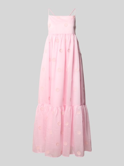 Produktfoto, Midikleid aus Lyocell-Mix Modell 'Cherish' von SUNCOO PARIS in Rosa mit floralem Zierbesatz, Relaxed-Fit, Spaghetti-Träger.