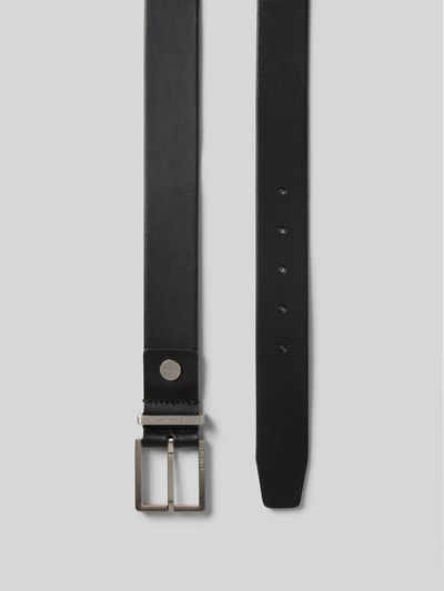 Produktfoto, Pasek z naturalnej skóry bydlęcej z wytłoczonym logo, Model 'Casual' od CK Calvin Klein, szerokość 4 cm, czarny, matowe wykończenie, proste kształty, metalowa sprzączka, Rozmiar 110.