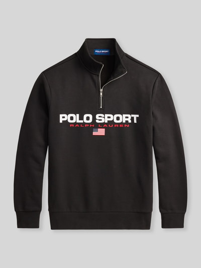 Produktfoto, schwarzer Relaxed Fit Troyer aus Baumwoll-Mix von Polo Ralph Lauren mit weiß-rotem Logo-Print, glatter Stofftextur