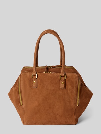 Produktfoto, Satchel Bag mit Label-Prägung Modell 'KAYLA' von LIEBESKIND BERLIN in braunem Veloursleder mit goldfarbenen Details, strukturierte Oberfläche, sichtbare Reißverschlüsse, lange Tragegriffe, präsentiert die Größe und Form, Kontext: Damen Satchel Bag mit Reißverschluss-Hauptfächern, Reißverschlusstasche außen, Breite 58 cm, Länge 32 cm, Tiefe 20 cm, Schulterriemen 60 cm.