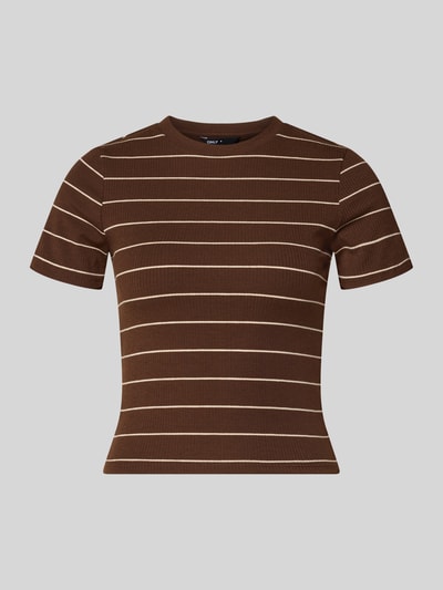 Produktfoto, brązowy damski t-shirt w poziome beżowe paski, drobno prążkowana tekstura, Slim Fit T-Shirt mit Viskose-Anteil Modell 'JUNE' von ONLY, Damski t-shirt