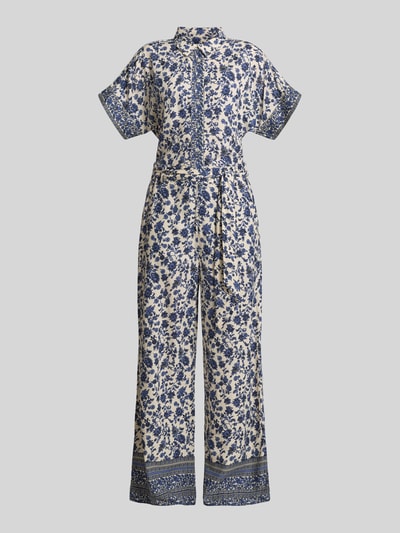Productfoto, Jumpsuit uit viscose met strikriem model 'Mathilde' van LOLLYS LAUNDRY, blauw-wit bloemenpatroon, relaxed fit, overhemdkraag, all-over look, totale lengte 160 cm, binnenbeenlengte 77 cm, borstwijdte 44 cm, ruglengte 46 cm, mouwlengte 17 cm