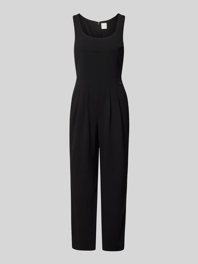 Produktfoto, kombinezon Jumpsuit mit Rundhalsausschnitt von Calvin Klein Womenswear, czarny, krój regular fit, z przodu plisy, detal z logo, długość tyłu w rozmiarze S: 140 cm, szerokość w rozmiarze S: 33 cm, całkowita długość w rozmiarze S: 140 cm, długość wewnętrzna nogawki w rozmiarze S: 74 cm