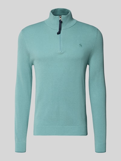 Produktfoto, Strickpullover mit Troyer-Kragen van Lerros in lichtblauw, katoen, regular fit, geribde boorden, korte rits, label-stiksel.