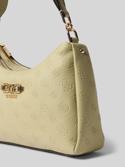 Produktfoto, Shoulder Bag in Leder-Optik mit Logo-Detail Modell 'Anise' von Guess, geteiltes Hauptfach mit Reißverschluss, Schulterriemen, strukturierte Oberfläche in hellem Gelb, Maße 30x19x8 cm, Riemenlänge 52 cm