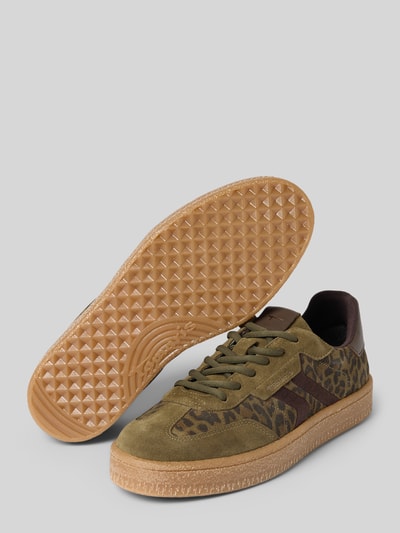 Produktfoto, Sneaker aus echtem Leder von Tamaris für Damen, olivgrün mit Leopardenmuster, braune Sohle, Wildleder-Struktur