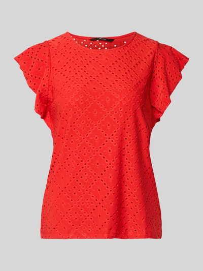 Produktfoto, Regular Fit T-Shirt mit Rundhals-Ausschnitt Modell 'TASSA' von Vero Moda in Unifarbe Rot, kurzarm mit Frill und Stretch-Struktur
