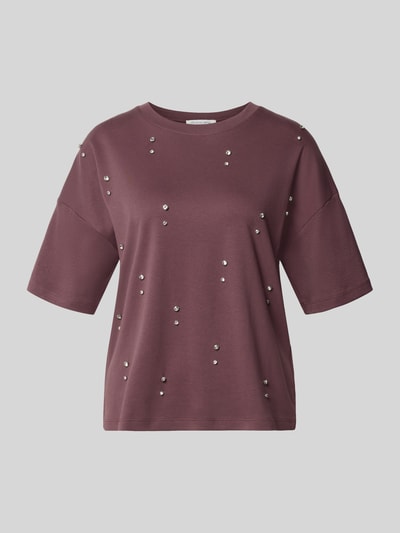 Produktfoto, T-Shirt aus reiner Baumwolle von Christian Berg Woman in Dunkellila mit Ziersteinen, lockere Passform, glatte Textur