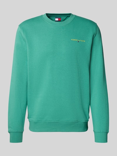 Produktfoto, Regular Fit Sweatshirt aus Baumwoll-Mix Modell 'LINEAR CREW' von Tommy Jeans in Unifarben Grün mit Label-Stitching-Applikation, Crew Neck, Langarm, gerippter Ärmel- und Rumpfabschluss, Materialverarbeitung Sweat, Herren