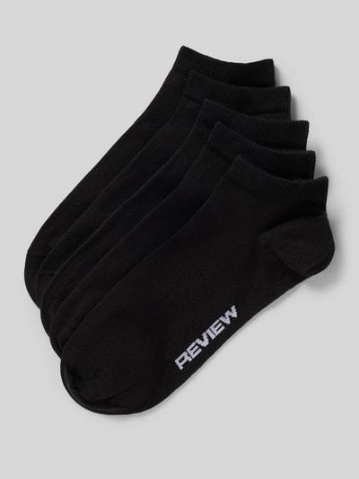 Produktfoto, schwarze Socken aus Baumwoll-Mix im 5er-Pack von REVIEW, Slim Fit, Logo-Detail, glatte Struktur, Herren Socken