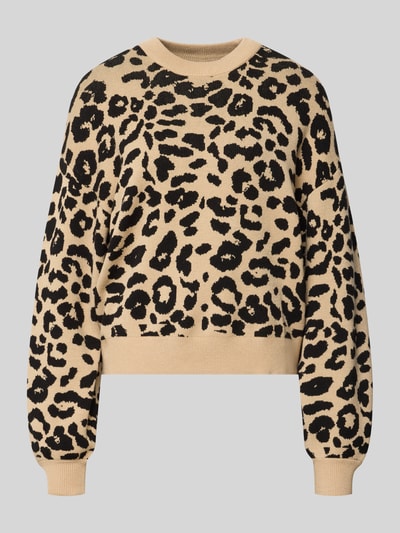 Produktfoto, Relaxed Fit Sweatshirt aus Viskose-Mix Modell 'Charlott' von NOISY MAY®, beige mit schwarzem Animal-Print, gerippte Abschlüsse, langärmelig, Rundhalsausschnitt, Damen Sweatshirt