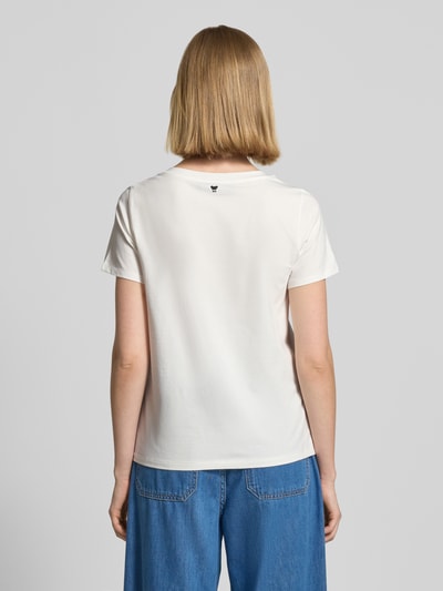 Frauenmodel trägt Damen T-Shirt von Weekend Max Mara, Modell 'MULTIF', Optik: Unifarben, Regular-Fit, Logo-Print, Kurzarm, Rundhals, Jersey, Baumwoll-Mix, Ganzkörperansicht Rückansicht.