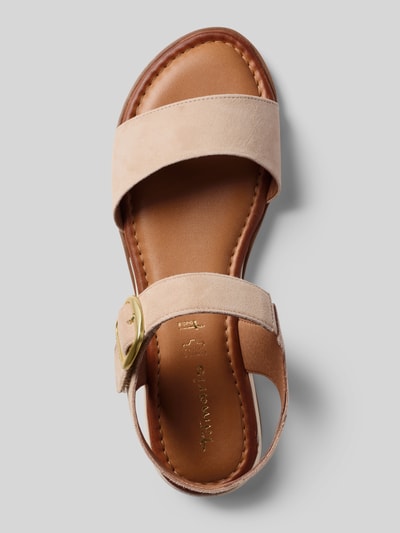 Produktfoto, Sandalen aus echtem Rindsleder von Tamaris in Lederoptik, runder Schuhspitze, flacher Absatzform, strukturierter Sohle, Label-Prägung, Dornschließe, Nubuk-Materialverarbeitung.