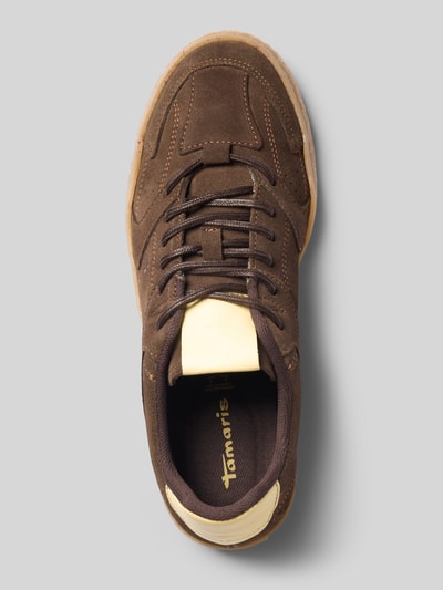 Produktfoto, Sneaker aus echtem Leder mit Logo-Stitching von Tamaris in Braun mit beiger Zunge, Textur aus Wildleder, Damen Sneaker von Tamaris