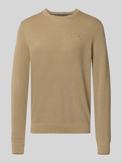 Produktfoto, Regular Fit gebreide pullover uit puur katoen met labeldetail van LERROS, beige kleur, elastische boordjes, ruglengte maat M 68 cm, mouwlengte maat M 69 cm