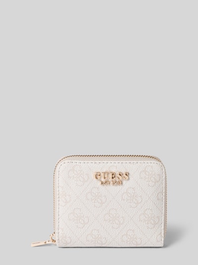 Produktfoto, Portemonnaie mit Rundum-Reißverschluss Modell 'LAUREL' von Guess, beige mit Strukturmuster und Allover-Label-Print, Damen Accessoire