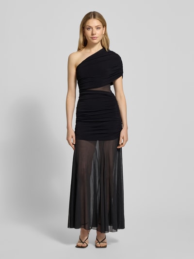 Frauenmodel trägt Abendkleid in Wickel-Optik Modell 'Harley' von Forever New mit asymmetrischem Look, Material-Mix mit Stretch-Anteil, figurbetonter Schnitt, schwarze Farbe, transparente Textur am Rock, Ganzkörperansicht von vorne. Rückenlänge 151 cm, Brustweite 37 cm bei Größe 36.