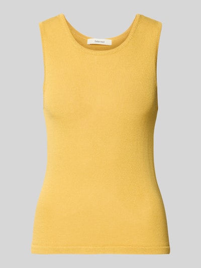 Productfoto, Regular Fit T-shirt uit viscosemix van Selected Femme model 'Moon', dames T-shirt, look: effen, patroon: gestreept, ronde hals, mouwloos, knitwear, effen geel met fijne structuur