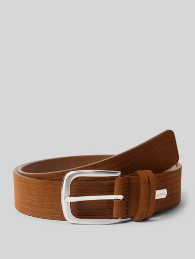 Produktfoto, Gürtel mit Label-Detail von Lloyd Men's Belts aus braunem beschichtetem Leder mit Dornschließe und klassischer Passform, 3 cm breit.