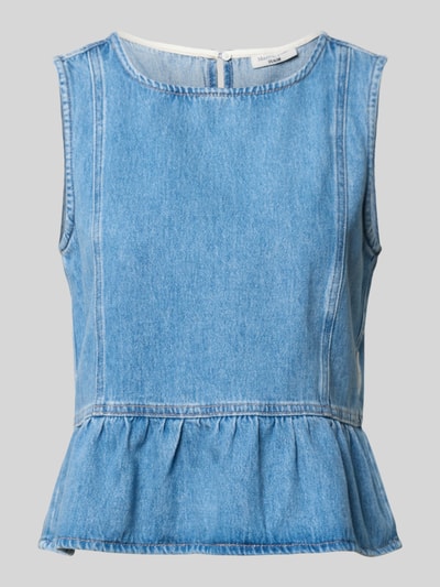 Produktfoto, Relaxed Fit Blusentop aus reiner Baumwolle von Marc O'Polo Denim in blauer Denim-Optik, Volants und Cropped-Länge, strukturierte Oberfläche