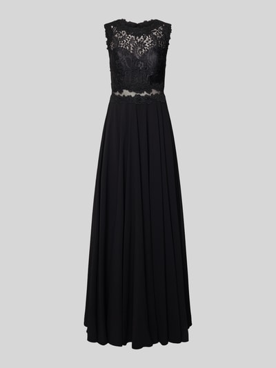 Produktfoto, Abendkleid mit Spitze und Rundhalsausschnitt von Mascara, A-Linie, Maxikleid, schwarze Spitze, glatter Rock, Damen, Rückenlänge 153 cm, Brustweite 33 cm.