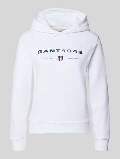 Produktfoto, Regular Fit Hoodie met labelprint van Gant, dames, katoenmix, wit, grote letters en schildmotief op de borst