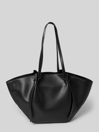 Produktfoto, Shopper mit Knotendetail von Seidenfelt in Schwarz, große Form mit langen Henkeln, glatte Textur, Knotendetails, Kontext: Damen Shopper, Hauptfach mit Reißverschluss, Innenfach mit Reißverschluss, Maße 50x27x15 cm, Schulterriemen 65 cm.