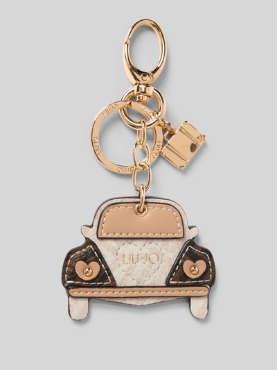 Produktfoto, Schlüsselanhänger mit Karabiner Modell 'CAR KEY RING' von Liu Jo White, Auto-Motiv in Beige, Weiß und Dunkelbraun, strukturierte Oberfläche, goldfarbene Metallringe und Label-Details, Damen Schlüsselanhänger