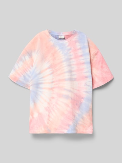 Productfoto, Boxy Fit T-shirt uit puur katoen van s.Oliver RED LABEL, all-over batiklook in pastelroze, blauw en wit, jerseyafwerking.