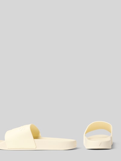 Productfoto, Sandalette met Logo van guess in lichtgeel, afgeronde punt, comfortmodel, rubberzool, hakhoogte maat 39/40: 3 cm