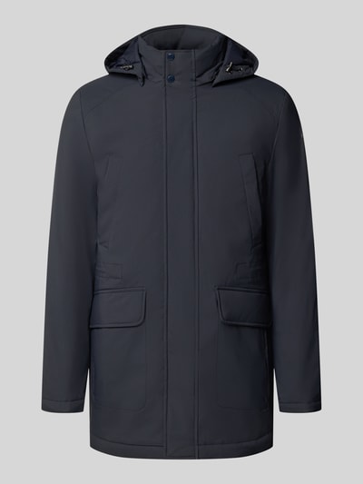 Produktfoto, Regular Fit Parka mit abnehmbarer Kapuze von Geox in Dunkelblau, mit Tunnelzug und Pattentaschen, glatte Textur
