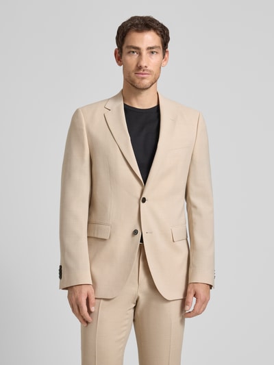 Męski model nosi Regular Fit Anzugsakko aus Schurwoll-Mix Modell 'JASPER' von BOSS, efekt: wzór na całej powierzchni, krój regular fit, kołnierz z połami, zapięcie na 2 guziki, długi rękaw, nachodzące na siebie guziki, wykończenie: podwójny szlic, brustasza, kieszenie z patką, materiał: mieszanka żywej wełny, Ganzkörperansicht von vorne.