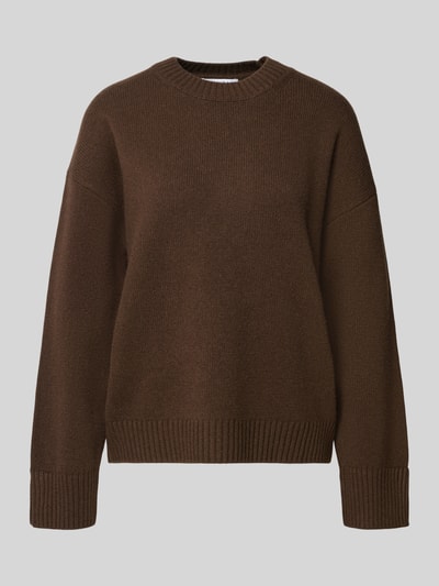 Produktfoto, Regular Fit Pullover aus Woll-Mix mit Kaschmir-Anteil von MYON in Dunkelbraun, Strick-Optik, Rundhalsausschnitt, leicht strukturierte Textur
