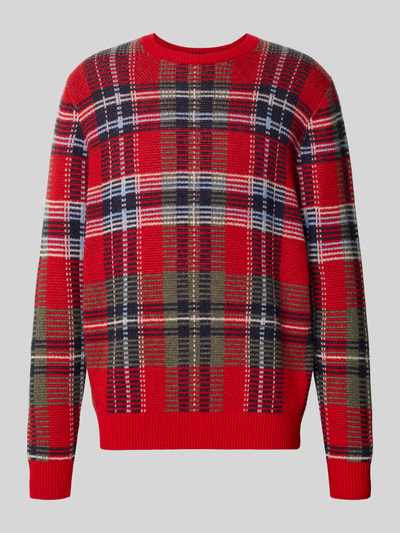 Productfoto, Oversized Pullover aus reinem Kaschmir van Christian Berg Men in rood, olijfgroen, blauw met ruitpatroon, oversized fit, ronde hals, elastische boordjes, ruglengte maat M 72 cm, mouwlengte maat M 68 cm, dames pullover van kasjmier