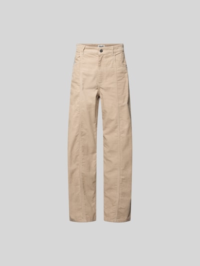 Produktfoto, beige Straight Fit Cordhose mit Logo-Patch von BAUM & PFERDGARTEN, reine Baumwolle, sichtbare Nähte, strukturierte Textur
