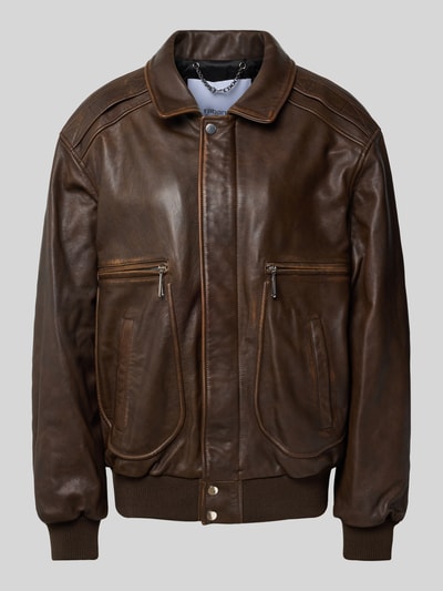 Produktfoto, Relaxed Fit Jacke aus reiner Viskose von Rabanne in brauner Leder-Optik mit durchgängiger Abdeckleiste und Eingrifftaschen.