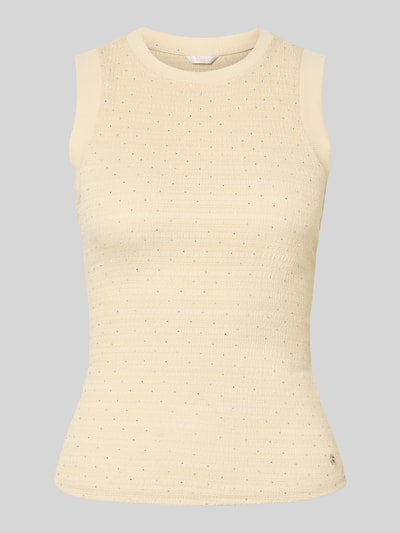Produktfoto, Top mit Ziersteinbesatz und Rundhalsausschnitt von Guess, beżowy materiał-mix z połyskującymi kamykami, krój slim fit, model FRANCINE, label-detail