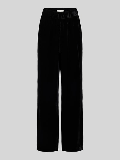 Produktfoto, czarne spodnie materiałowe z elastycznym pasem, luźny krój, model 'Mucia' od OPUS PANTS, wpuszczane kieszenie z przodu, kieszenie z tyłu, szerokość w pasie 37 cm, długość wewnętrzna nogawki 79 cm, rozmiar 36.