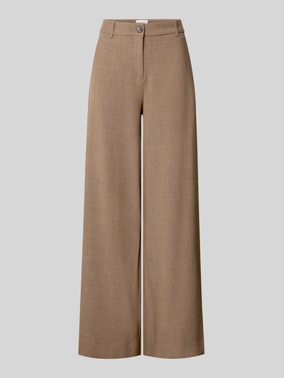 Produktfoto, Wide Leg Hose mit Viskose-Anteil Modell 'Darina' von MSCH Copenhagen in Beige, strukturierte Oberfläche, sichtbarer Knopfverschluss. Damen Hose, französische Eingrifftaschen, Material-Mix.