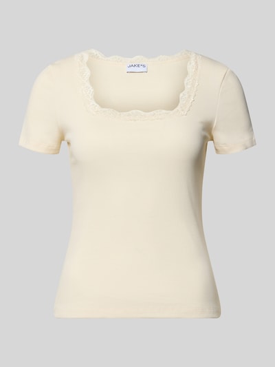 Produktfoto, T-Shirt in Ripp-Optik mit Spitzenbesatz von Jake*s Casual, cremefarben, Slim-Fit, Baumwoll-Elasthan-Mix, Karree-Ausschnitt, Rückenlänge 52 cm bei Größe S