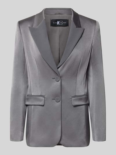 Produktfoto, Regular Fit Blazer mit Pattentaschen von Luisa Cerano in Silber mit Reverskragen, Knopfverschluss, glatter Textur. Rückenlänge 67 cm, Brustweite 40 cm, Ärmellänge 61 cm, Größe 36.