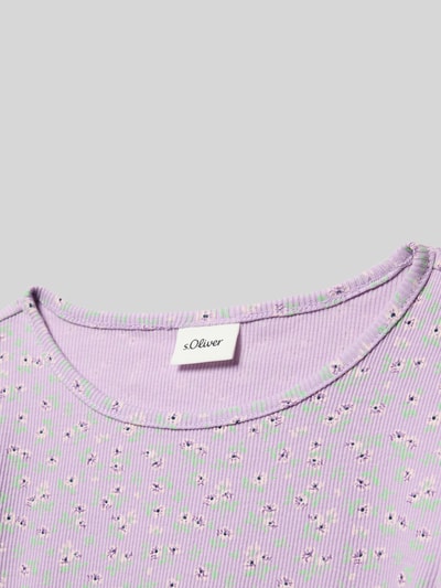 Produktfoto, Slim Fit Langarmshirt uit katoenmix van s.Oliver RED LABEL, all-over bloemenmotief, geribde structuur, lila, groene en witte accenten