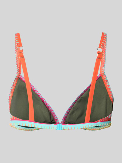Produktfoto, Bikini-Oberteil im Allover-Look Modell 'TEKNICOLOR Taeko' von Banana Moon, kolorowy materiał z domieszką stretchu, dopasowany krój, regulowane ramiączka, wyraźne szwy, mieszane barwy pomarańczowy, zielony, różowy, niebieski, tekstura gładka