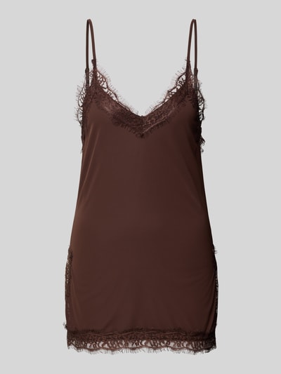 Produktfoto, Regular Fit Top mit Spitzenbesatz von Gina Tricot in Braun, V-Ausschnitt, Spaghetti-Träger, Rückenlänge 47 cm, Spitzen-Details