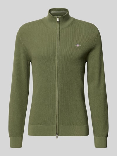 Produktfoto, Cardigan mit Zweiwege-Reißverschluss und Label-Stitching von Gant aus Reine Baumwolle in Slim Fit, Olivgrün, strukturierte Oberfläche