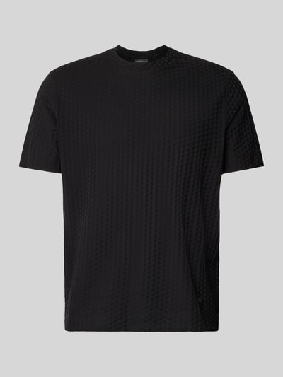 Produktfoto, T-Shirt mit geripptem Rundhalsausschnitt von Emporio Armani, Herren T-Shirt aus reiner Baumwolle im Regular-Fit mit Label-Stitching, schwarze Farbe, dezentes Muster, Rückenlänge bei Größe M 70 cm.