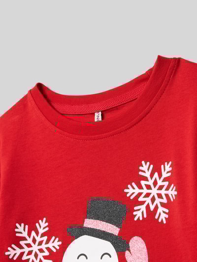 Only Bluzka z długim rękawem o kroju regular fit z czystej bawełny model ‘XMAS LIFE’ Czerwony 2