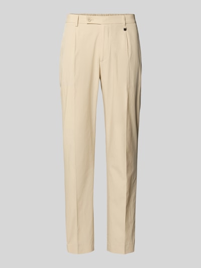 Produktfoto, Regular Fit Hose mit Bügelfalten Modell 'LUIS' von Antony Morato aus Lyocell-Baumwoll-Mix in Beige, glatte Oberfläche, Gesäßtaschen, Bundweite 42 cm, Innenbeinlänge 77 cm bei Größe 50.