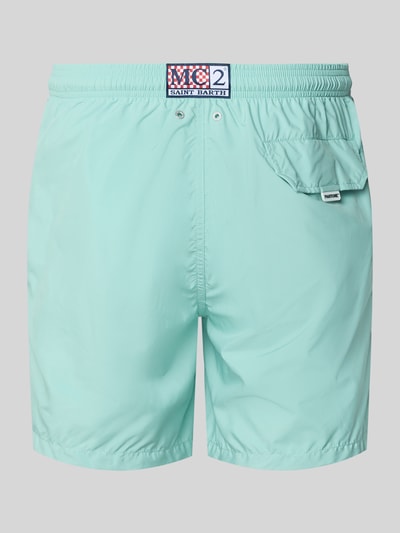 Produktfoto, hellblaue Badehose mit Logo-Print Modell 'Lighting Pantone' von MC2 Saint Barth, Logo-Patch, Geschenkbox, glatte Struktur